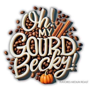 Oh My Gourd Becky coffee graphic with coffee beans, cinnamon sticks, and pumpkin – Java Momma flavored medium roast logo art